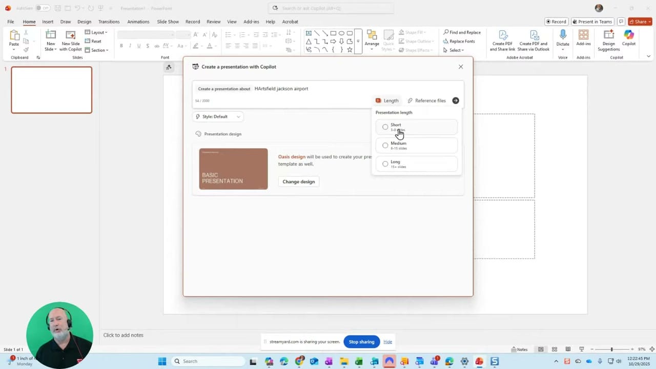 PowerPoint Copilot dialog showing 'Create a presentation about HArtsfield jackson airport' with Length options (Short 3-6 slides, Medium 8-15 slides, Long 15+ slides), Style dropdown set to Default, and a Change design button