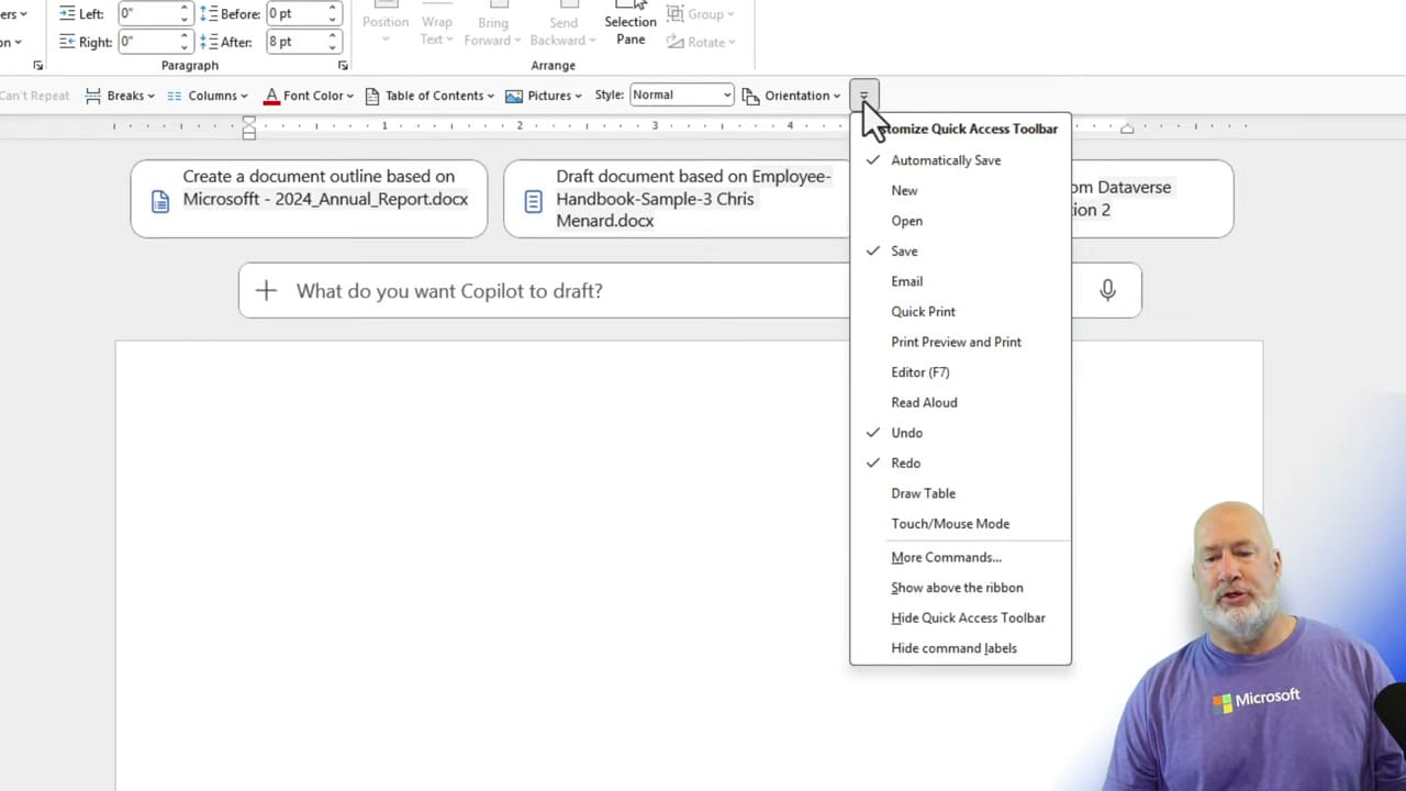 Quick Access Toolbar dropdown menu in Word showing options like More Commands, Show above the ribbon, and Hide Quick Access Toolbar