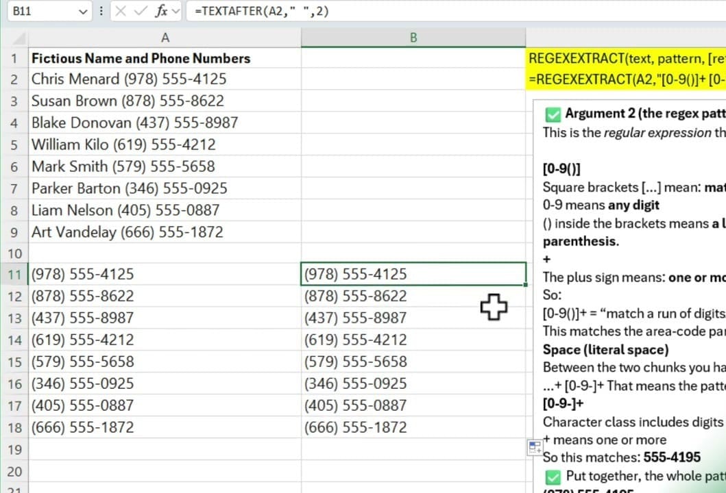 Excel showing TEXTAFTER formula results alongside REGEXEXTRACT results