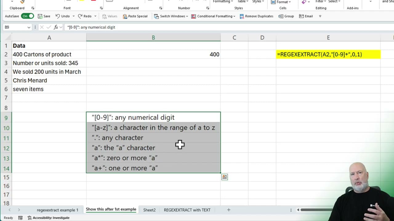 Excel showing unstructured data with extracted numbers and a regex cheat sheet