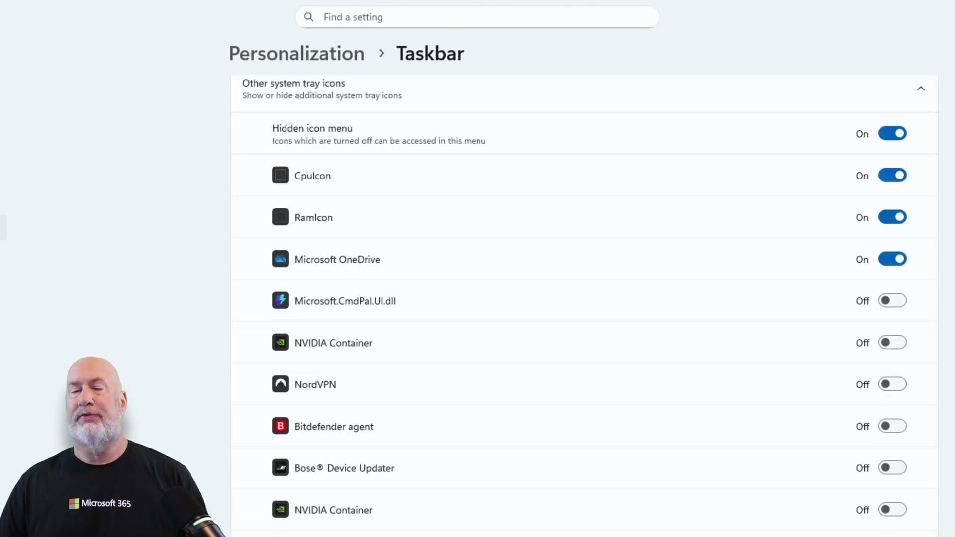 Other system tray icons settings showing toggle switches for OneDrive, NordVPN, Bitdefender, and other applications