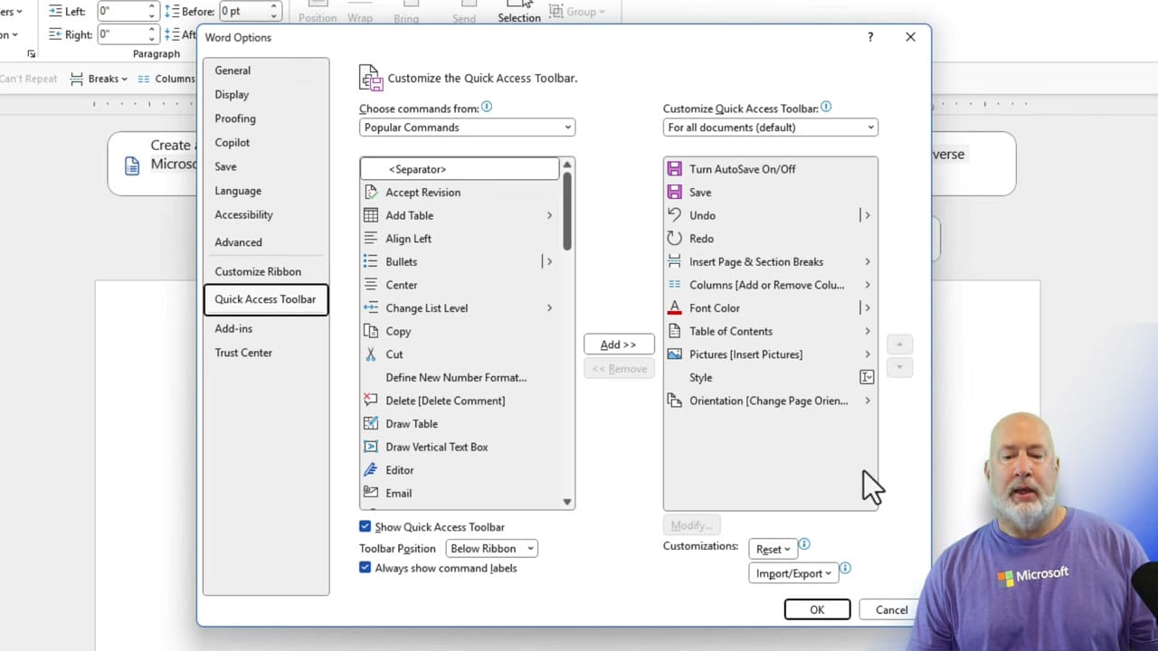 Word Options dialog showing Quick Access Toolbar customization with available commands on left and current toolbar commands on right, with Import/Export button at bottom