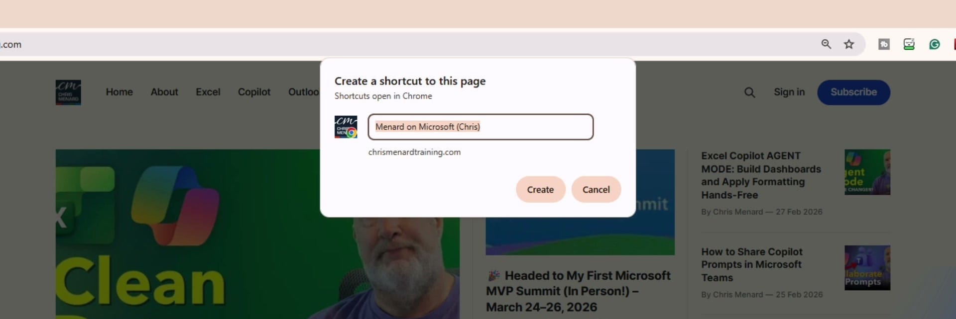 Create a shortcut to this page dialog box in Chrome