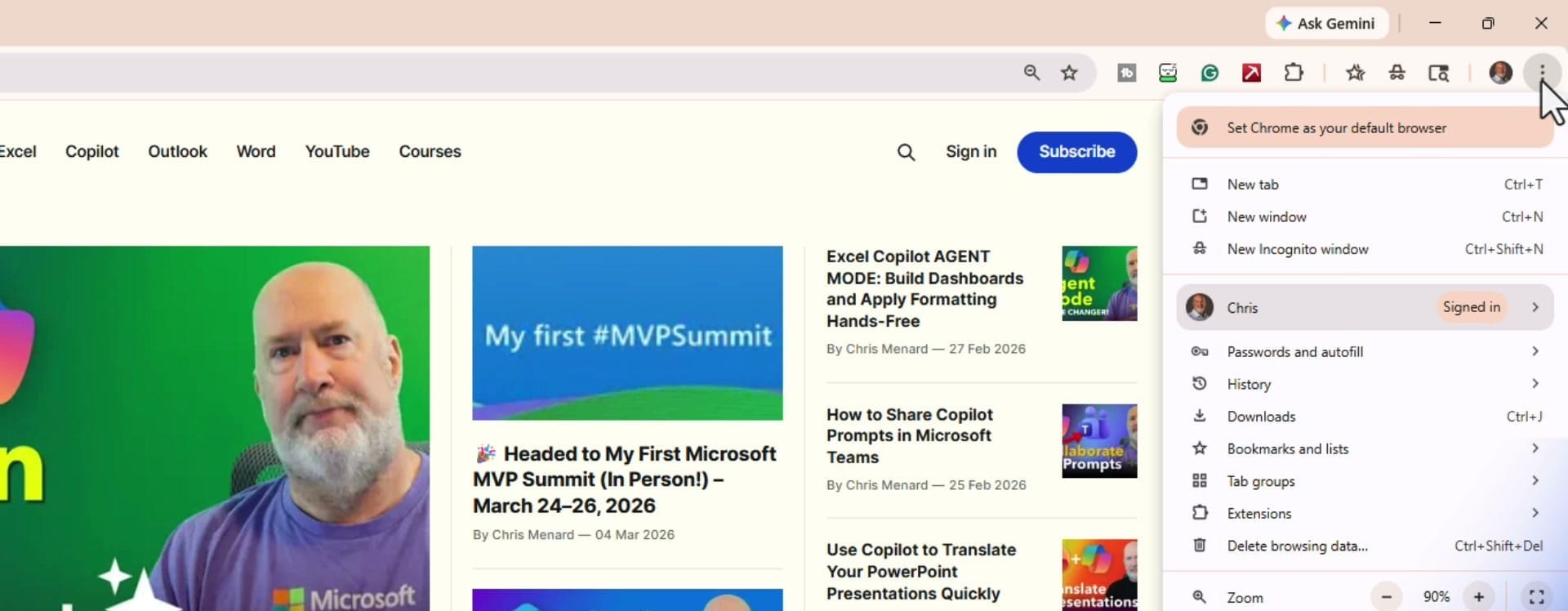 Chrome three-dot menu open showing menu options