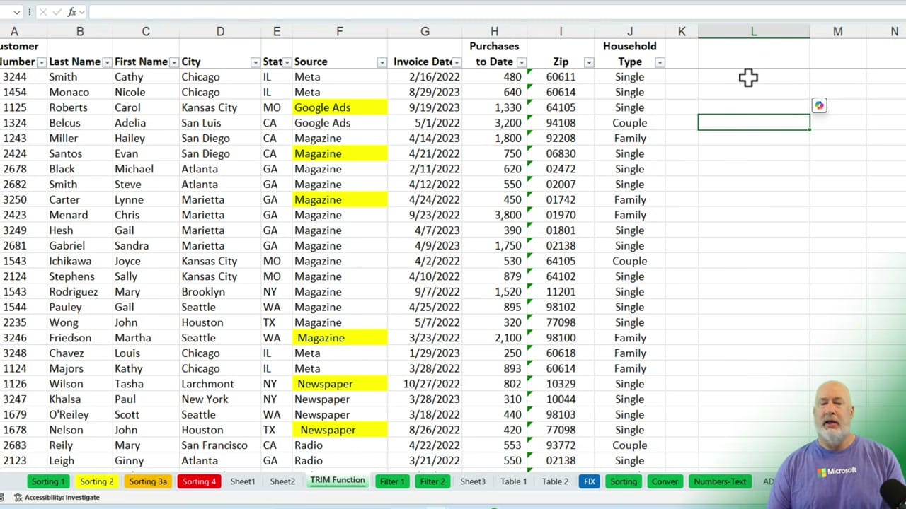 Excel spreadsheet with conditional formatting applied showing highlighted cells in the Source column where extra spaces were found
