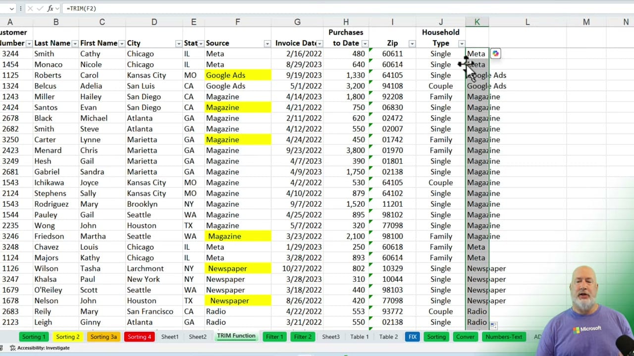 Excel showing a helper column K with TRIM formula results next to the original Source column, with highlighted cells still visible