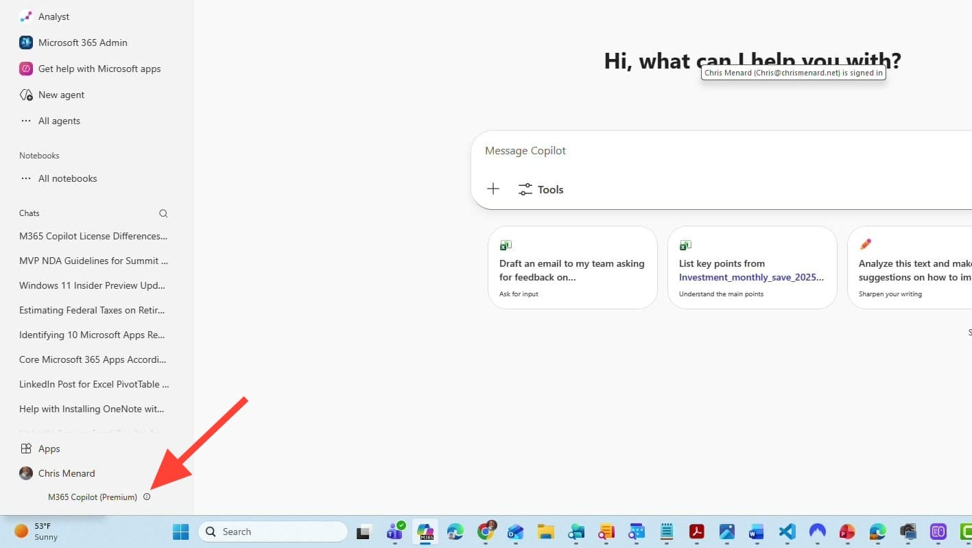 Microsoft 365 Copilot app showing Work and Web tabs with M365 Copilot Premium label in bottom-left corner