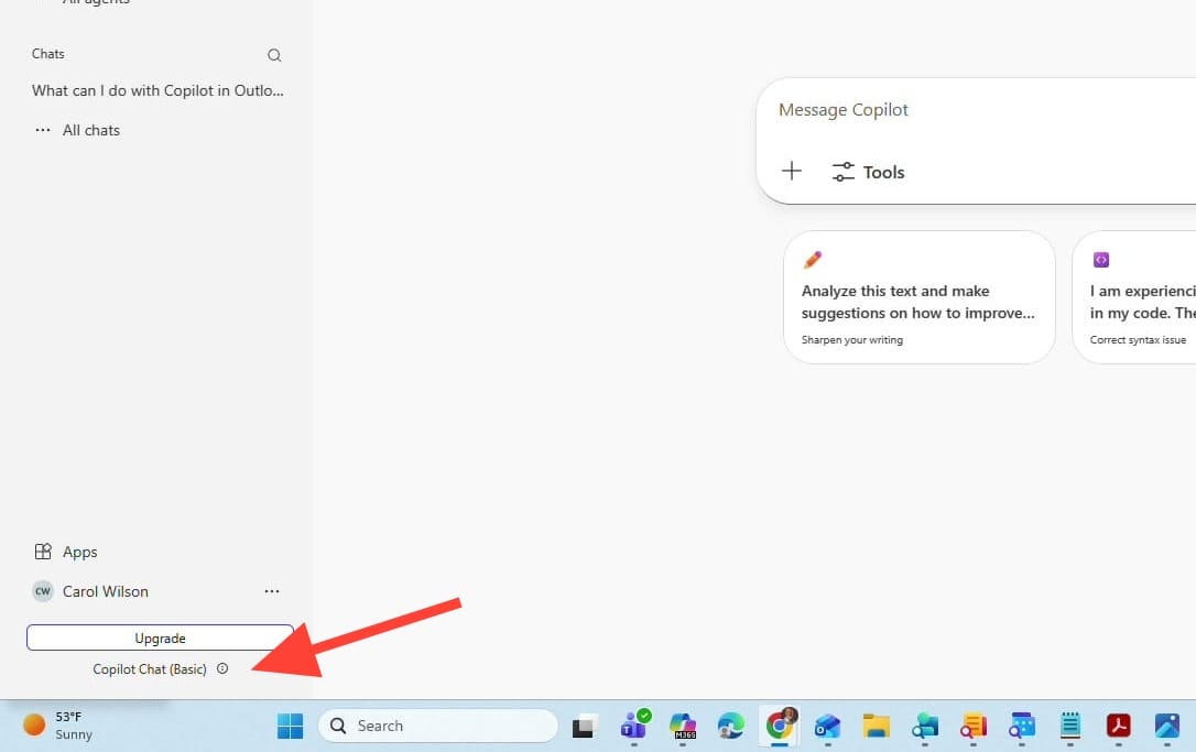 Carol Wilson Copilot Chat showing Basic label and Upgrade button in bottom-left corner