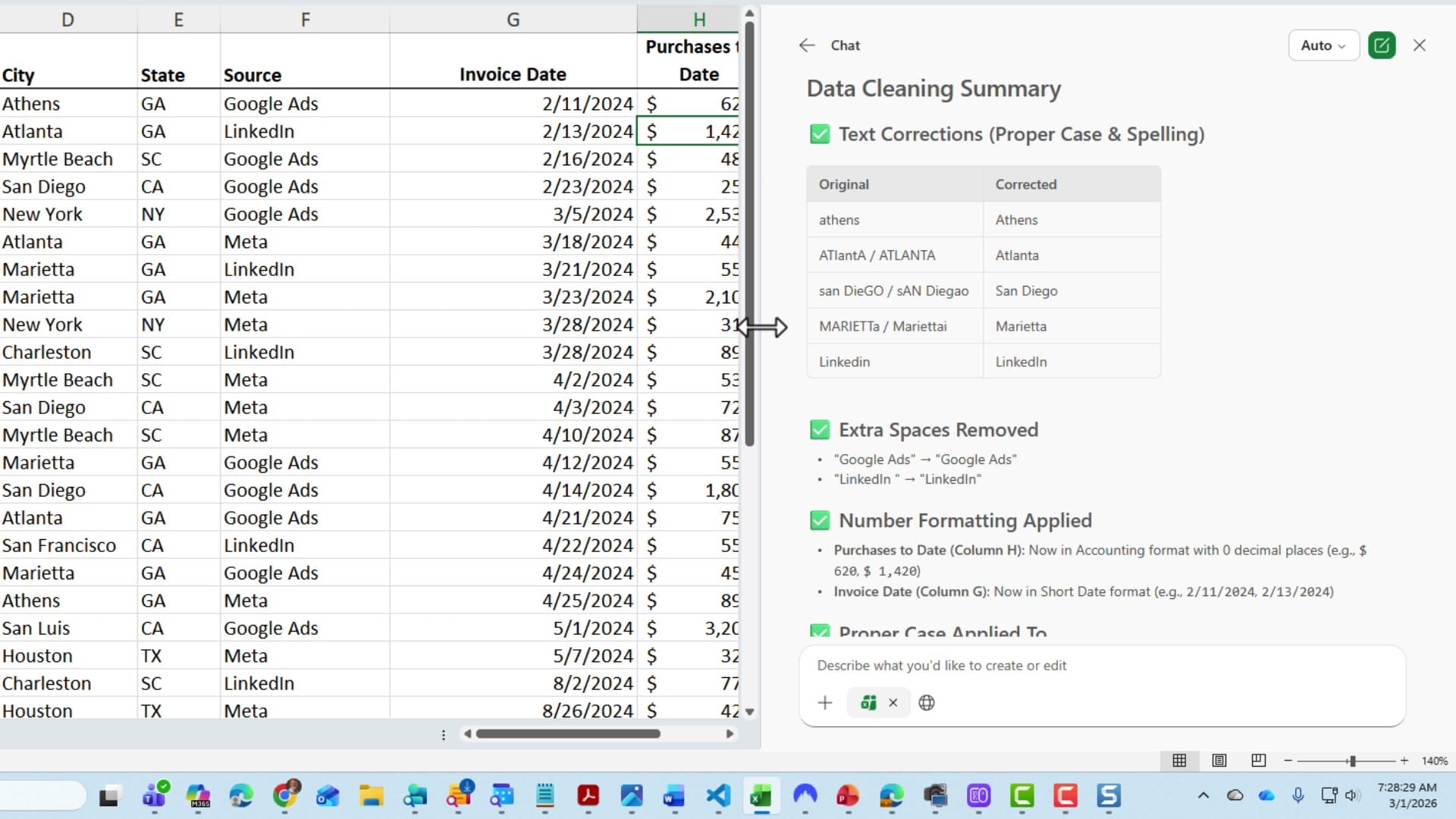 Data Cleaning Summary in the Copilot pane showing text corrections, extra spaces removed, and number formatting applied