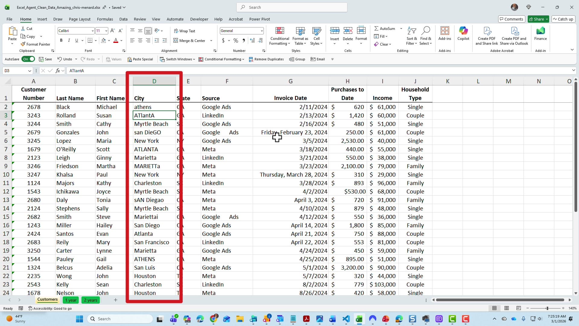 Excel spreadsheet showing messy data with inconsistent capitalization in the City column