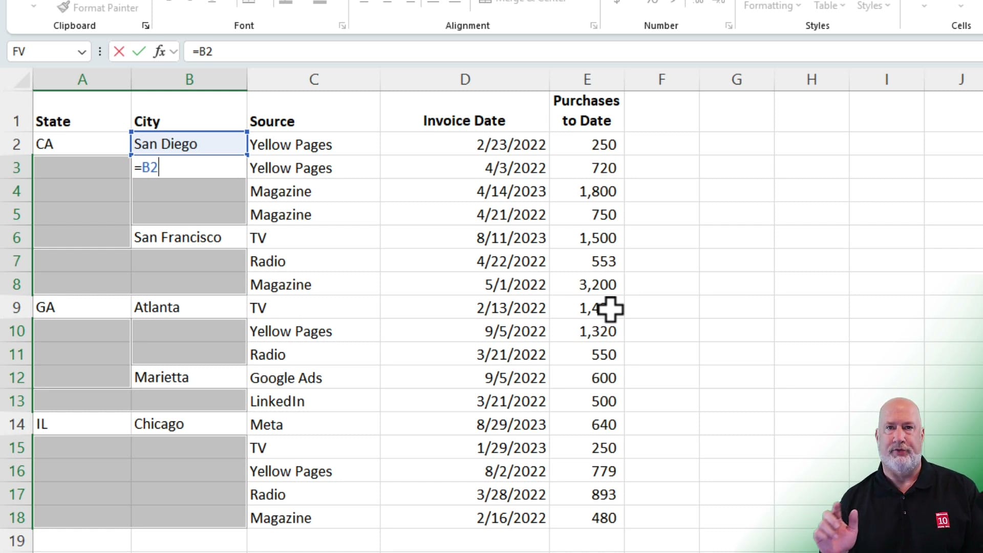Excel spreadsheet showing sorted data with Center Across Selection applied instead of merge