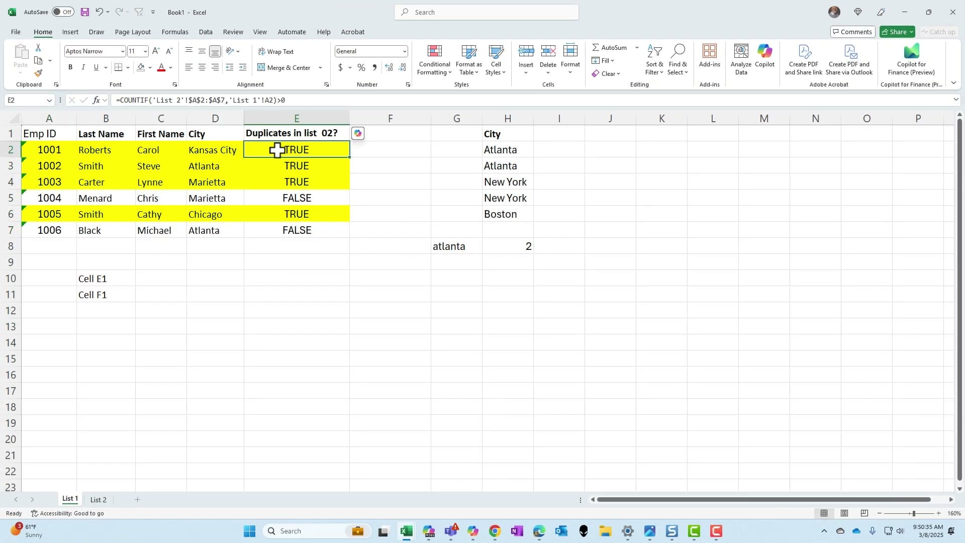 Excel showing rows with TRUE values highlighted in yellow (Emp IDs 1001, 1002, 1003, 1005) while rows with FALSE remain white (Emp IDs 1004, 1006)