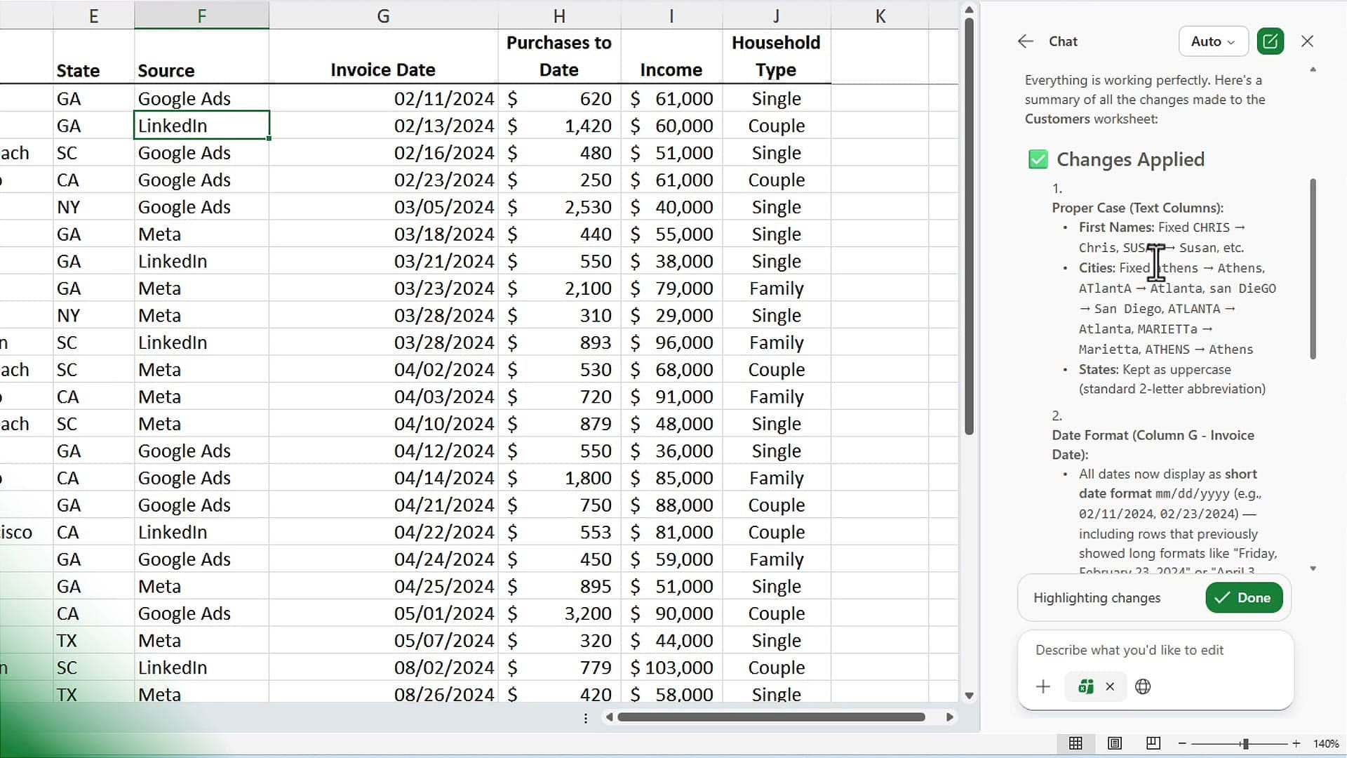 Copilot showing Changes Applied summary with proper case, date format, and accounting fixes highlighted, plus a green Done button