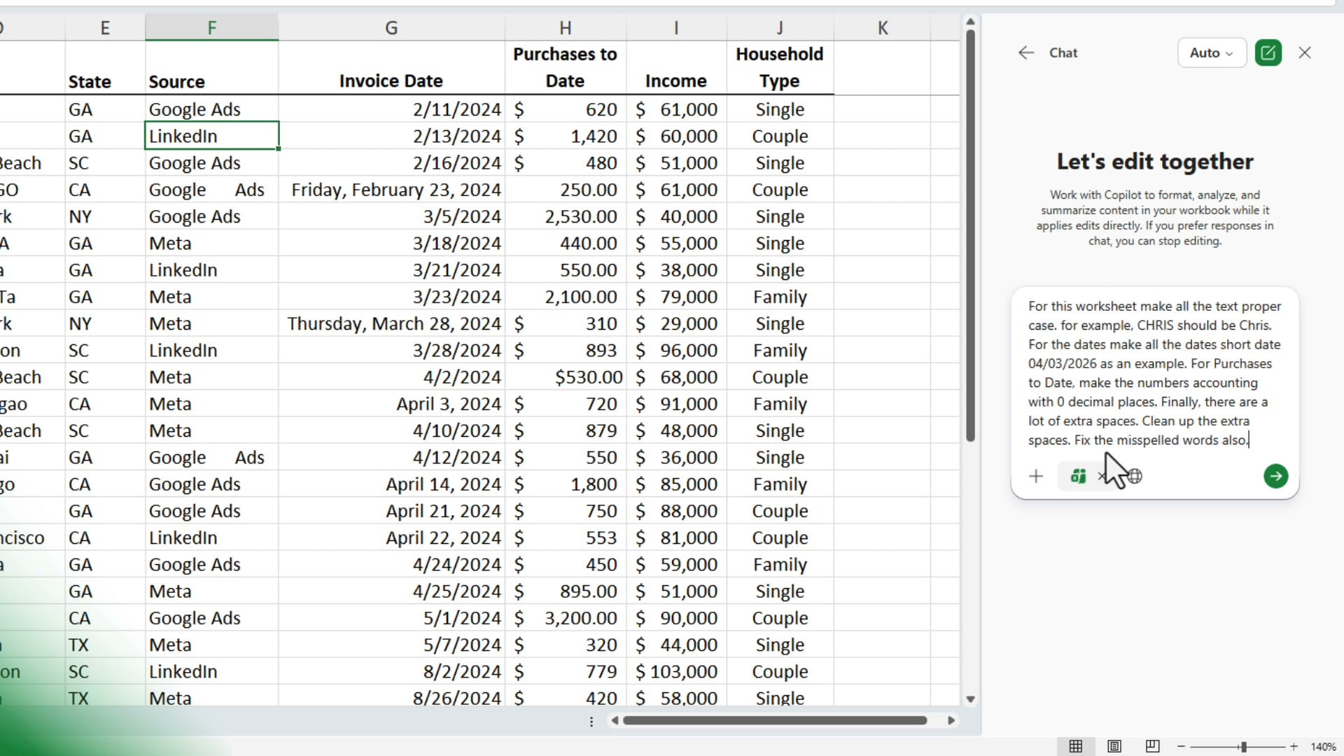 Copilot chat pane showing a data cleanup prompt requesting proper case, short dates, accounting format, and misspelling fixes