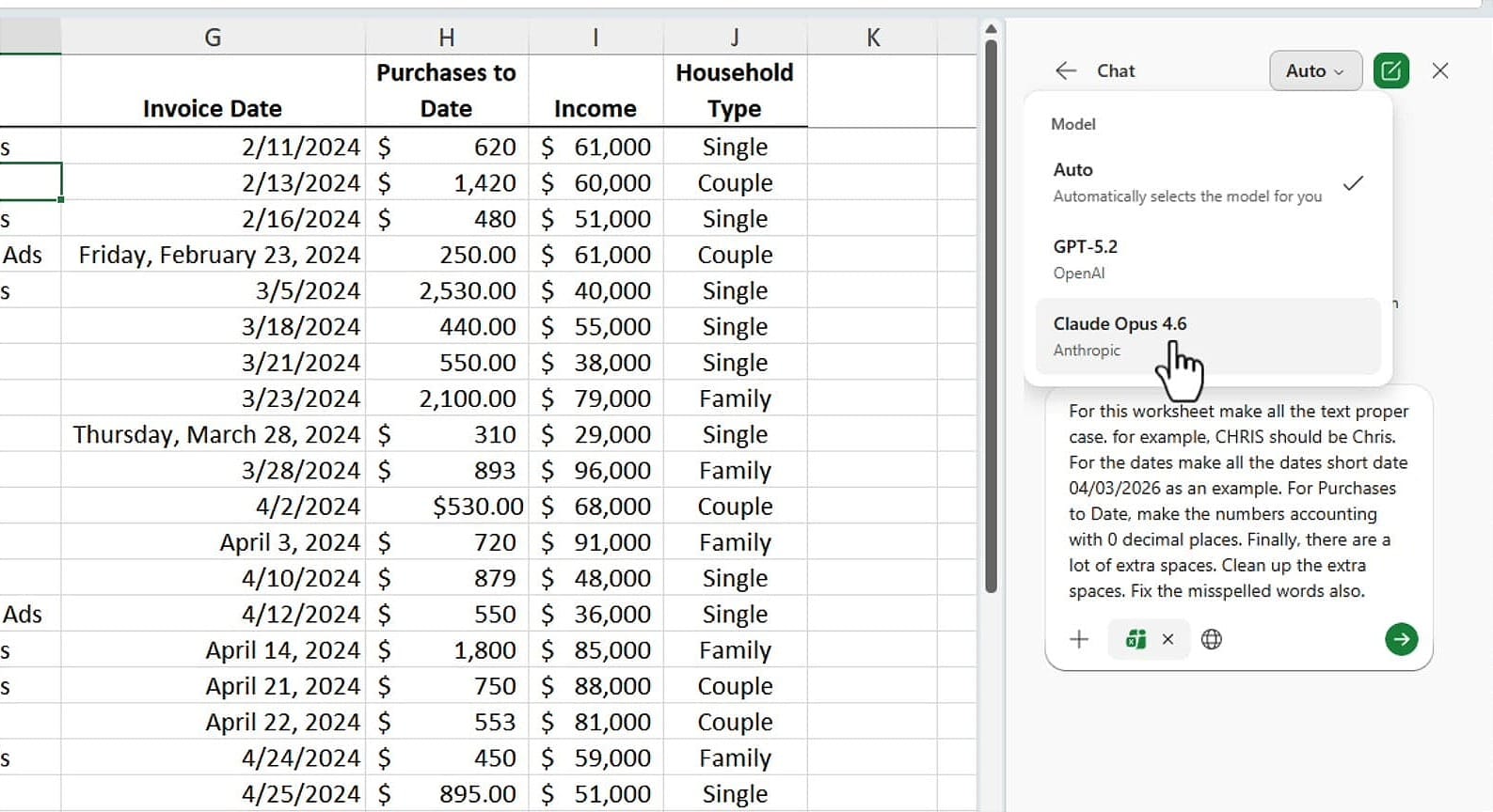 Copilot model selector dropdown showing Auto, GPT-5.2, and Claude Opus 4.6 options