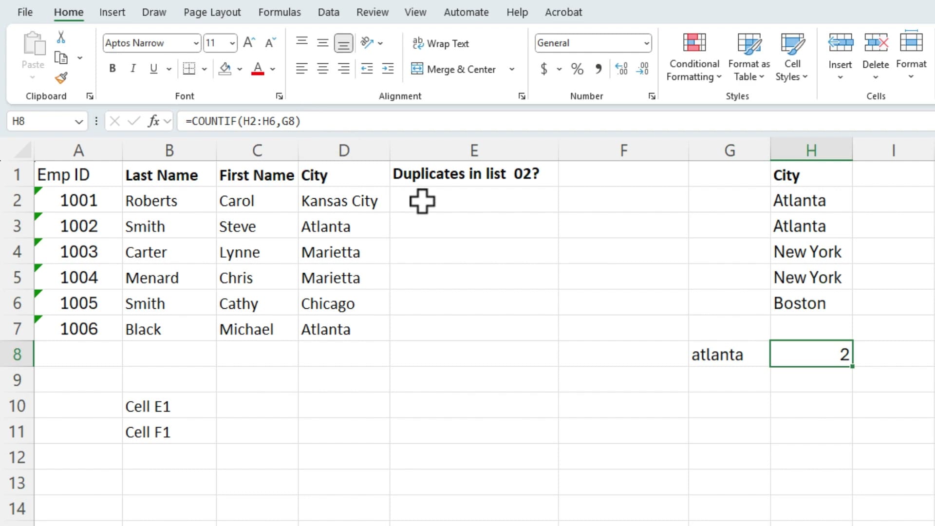 Excel showing =COUNTIF(H2:H6,G8) in cell H8, returning 2 for the search term atlanta against a list of cities including Atlanta, New York, and Boston