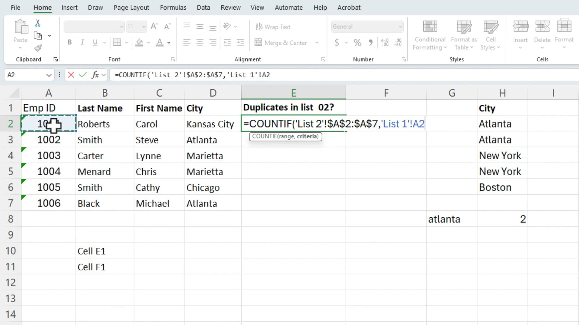 Excel formula bar showing =COUNTIF('List 2'!$A$2:$A$7,'List 1'!A2) in cell E2 on the List 1 worksheet, with both worksheets' data visible