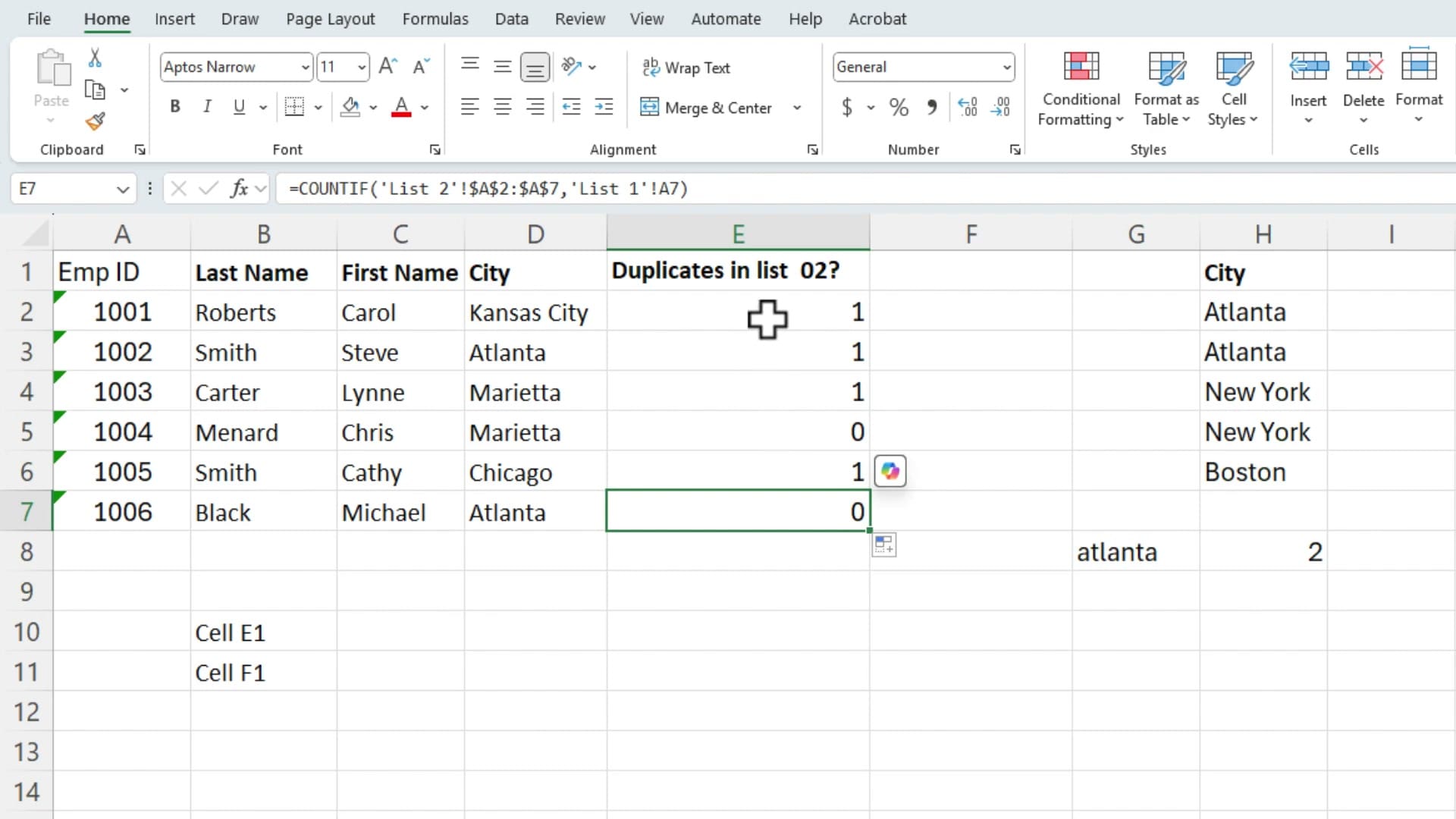 Excel showing COUNTIF results in column E: 1, 1, 1, 0, 1, 0 for Emp IDs 1001 through 1006, with the formula bar displaying =COUNTIF('List 2'!$A$2:$A$7,'List 1'!A7)