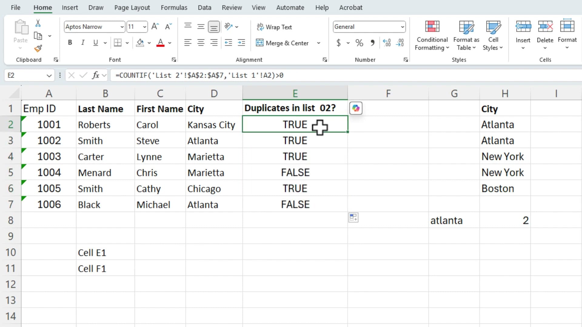 Excel showing column E with TRUE, TRUE, TRUE, FALSE, TRUE, FALSE values, with the formula bar showing =COUNTIF('List 2'!$A$2:$A$7,'List 1'!A2)>0