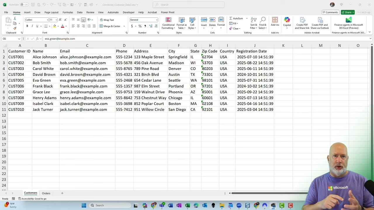 Excel worksheet showing a Customers table with columns for Customer ID, Name, City, and State