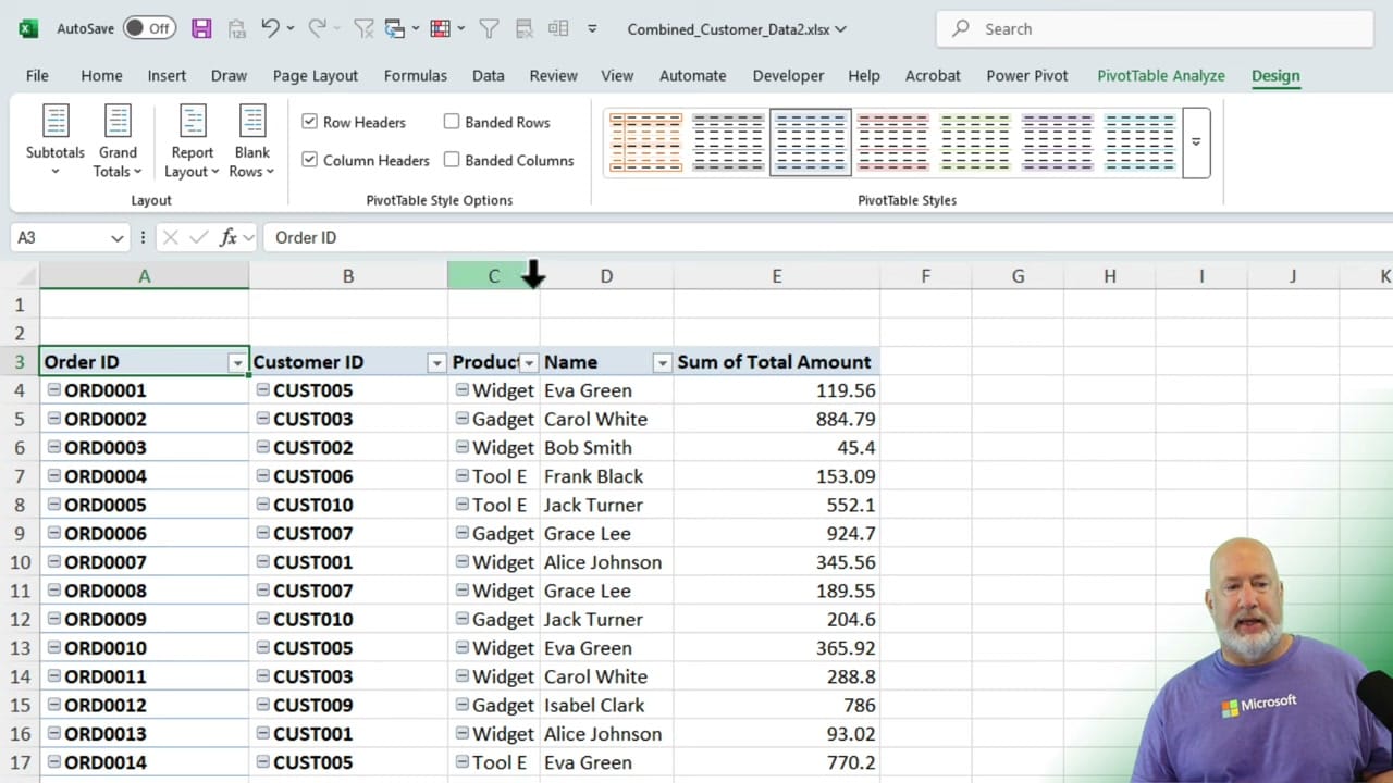 PivotTable showing combined data from both tables with Order ID, Customer ID, Product, Name, and Sum of Total Amount