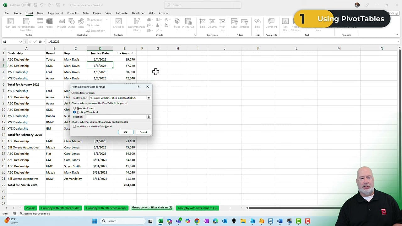 PivotTable from table or range dialog box in Excel