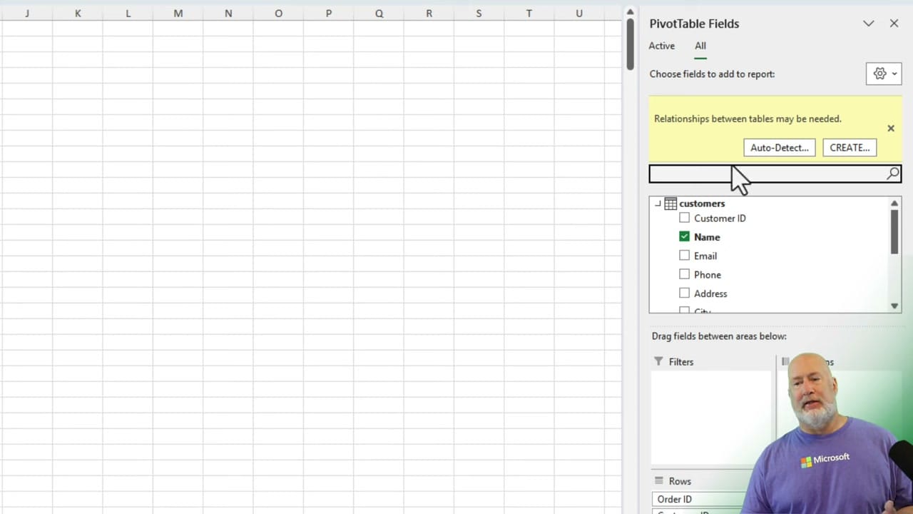 PivotTable Fields panel showing a yellow warning banner saying Relationships between tables may be needed with a CREATE button