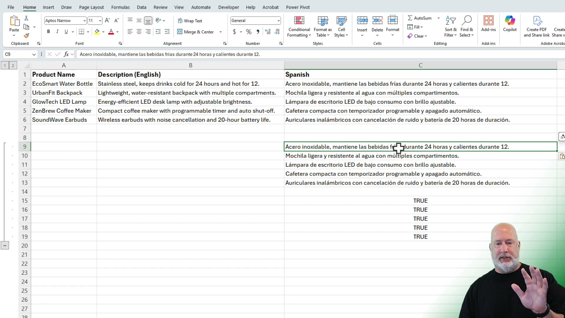Excel spreadsheet showing English product descriptions translated to Spanish using the TRANSLATE function