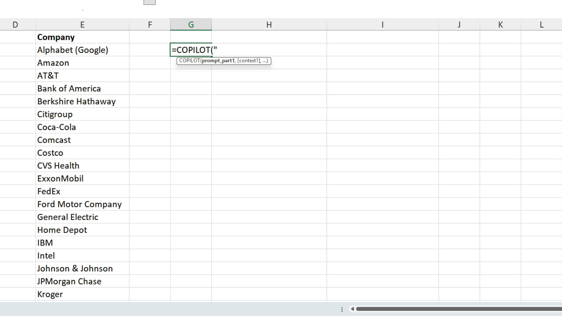 Typing the COPILOT function in Excel