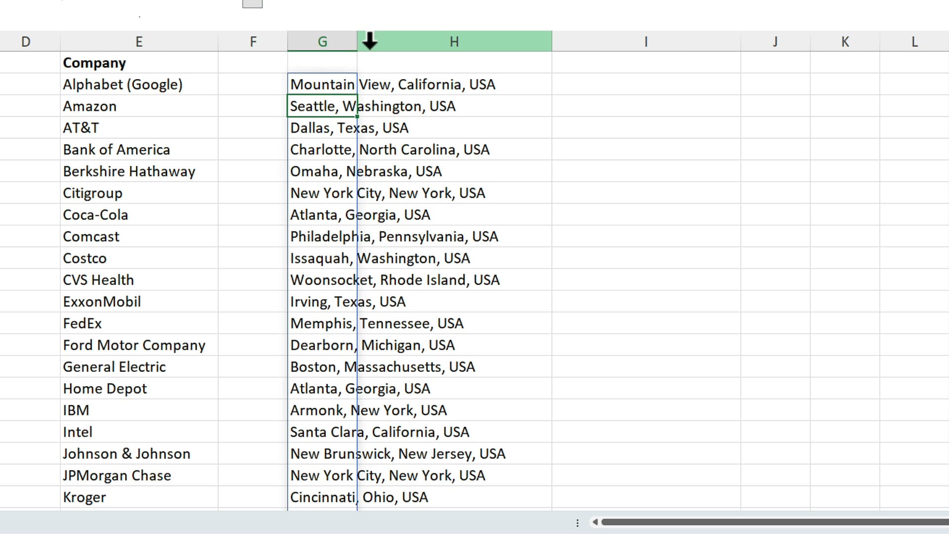 COPILOT function results showing headquarters for each company