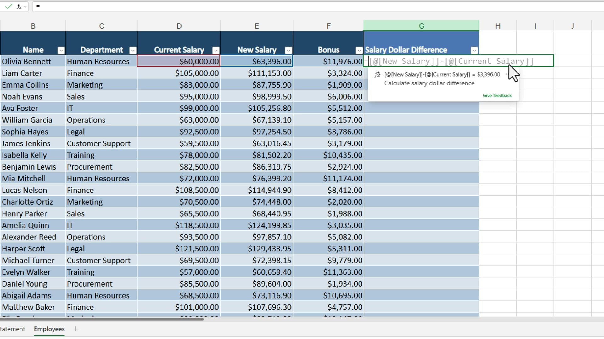 Formula Completion suggesting salary difference formula with named ranges