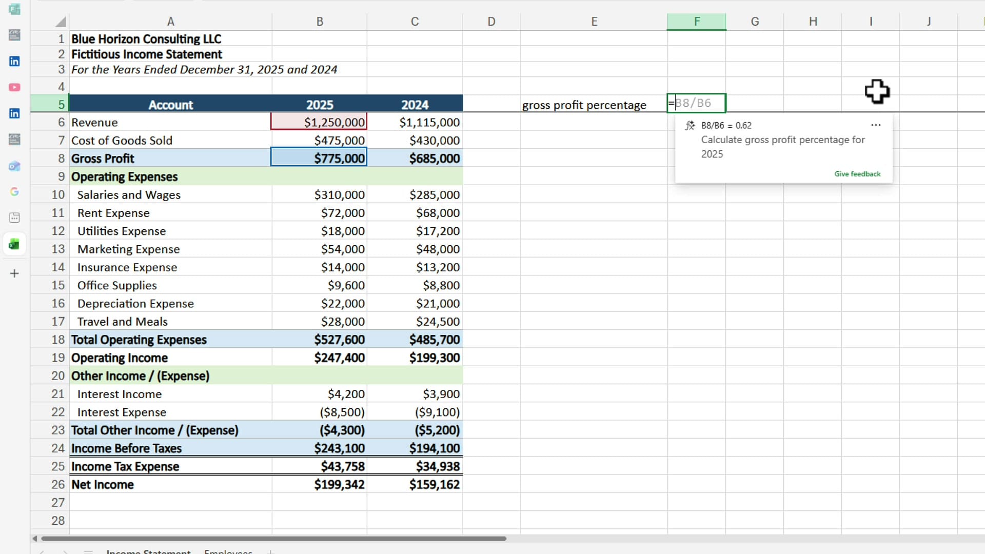Formula Completion suggesting B8 divided by B6 for gross profit percentage