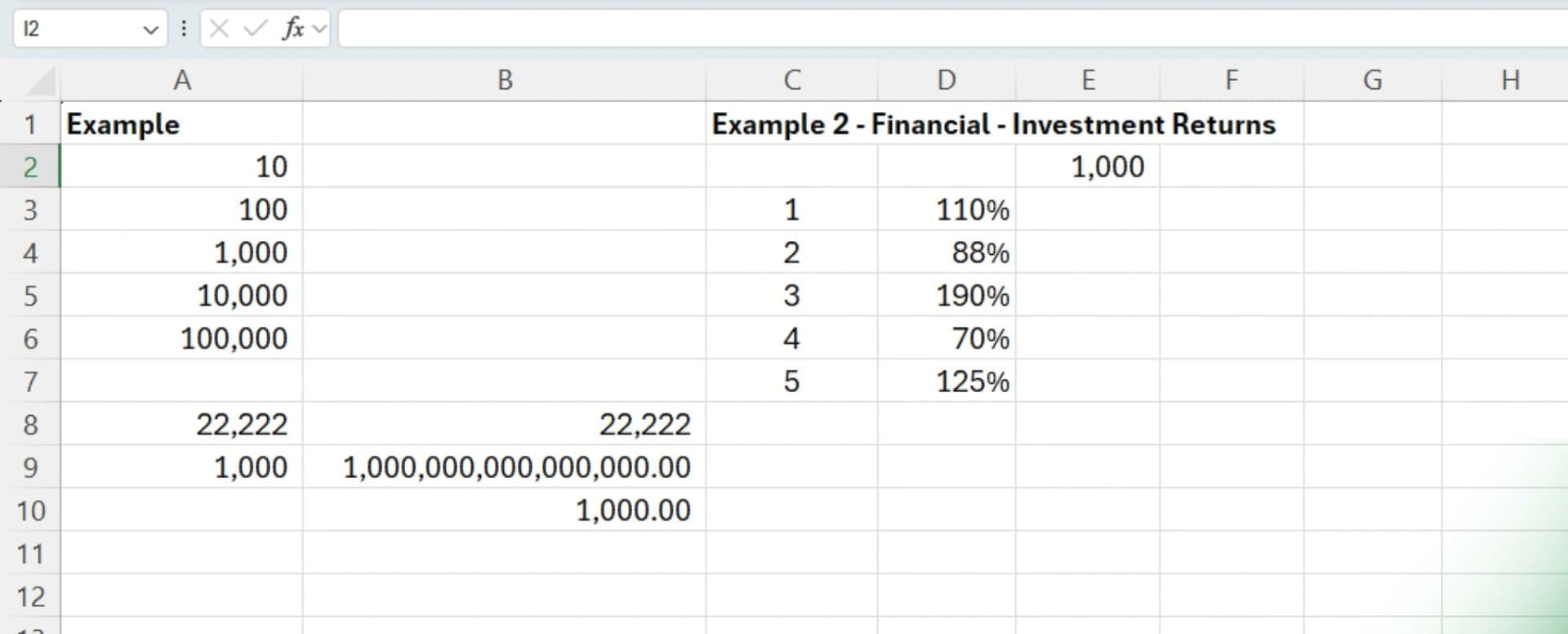 Excel showing all three results: A8=22,222 (AVERAGE), B8=22,222, B9=1 quadrillion (PRODUCT), B10=1,000.00 (GEOMEAN), with data values 10 through 100,000