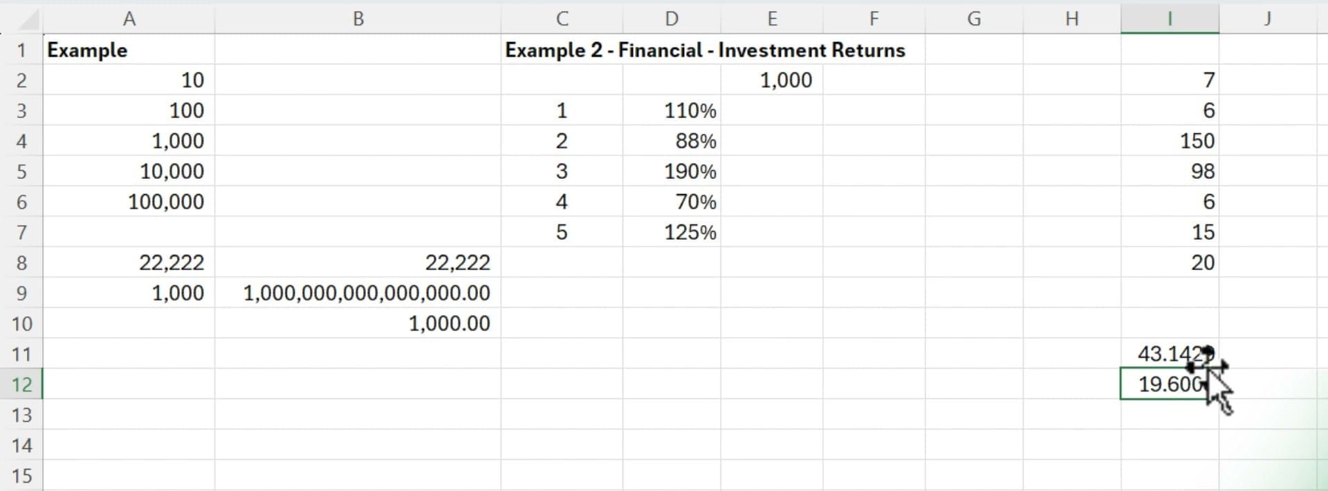 Excel showing employee task durations (7, 6, 150, 98, 6, 15, 20) in column I with AVERAGE=43.1429 and GEOMEAN=19.6003 calculated below