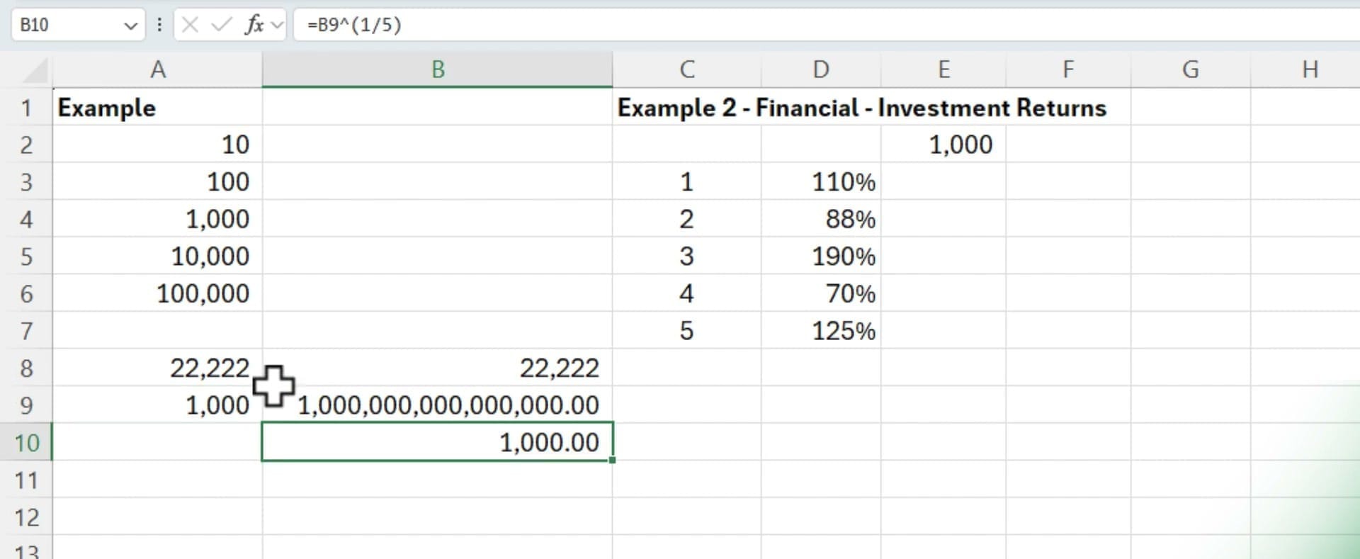 Excel showing =B9^(1/5) in the formula bar, returning 1,000.00 in cell B10, demonstrating the manual nth root calculation