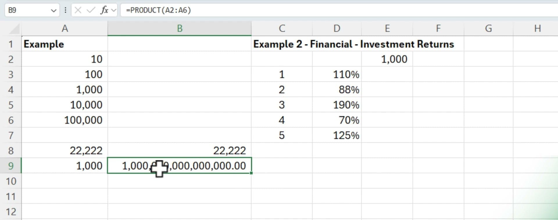 Excel showing =PRODUCT(A2:A6) in the formula bar returning 1,000,000,000,000,000 in cell B9, with the PRODUCT function syntax overlay at the bottom