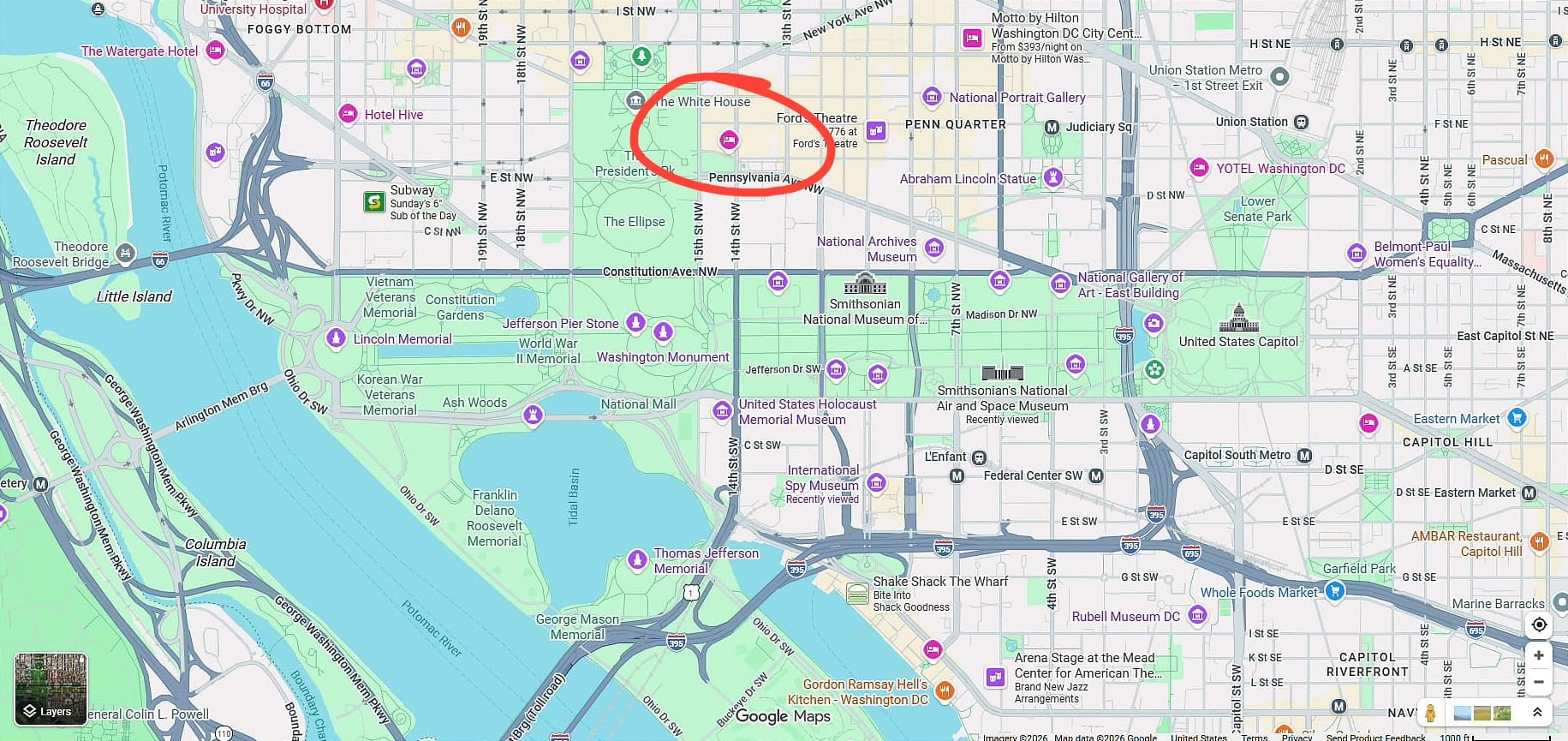 Google Maps showing The Willard hotel location in Washington DC