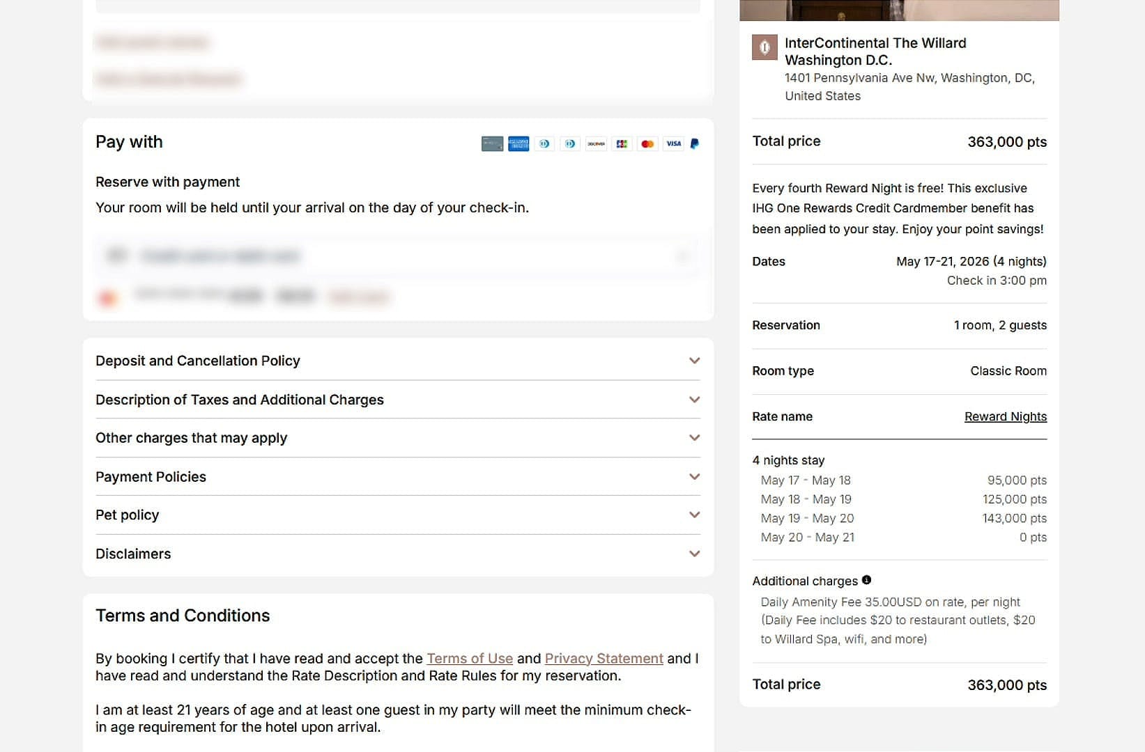 IHG booking page showing points price of 363,000 for four nights