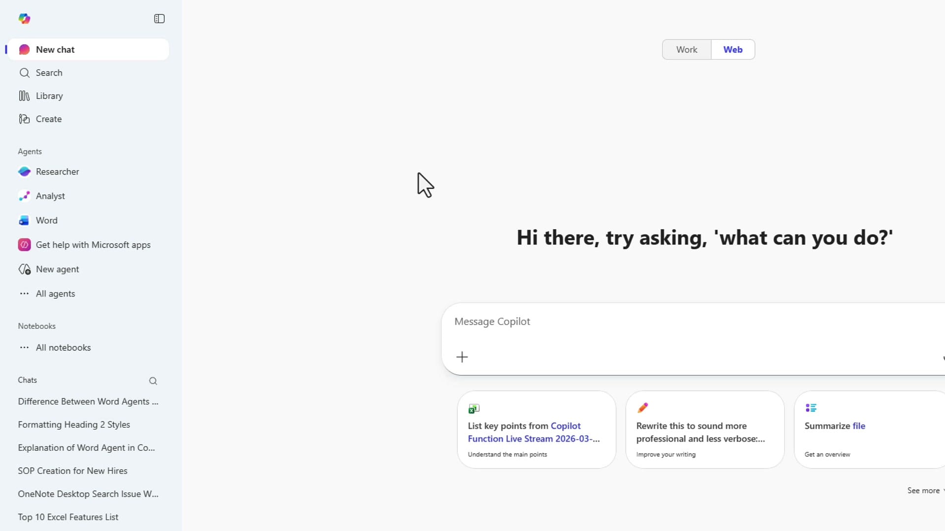 M365 Copilot chat showing Word Agent listed under Agents in the left sidebar