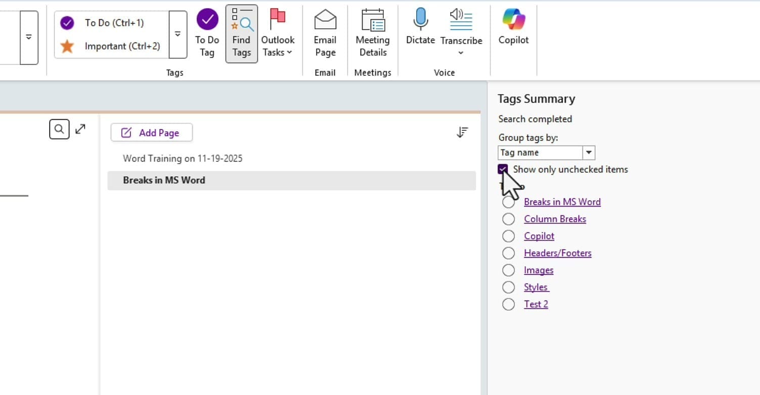 OneNote Tags Summary with Show only unchecked items checked, showing only incomplete To Do items