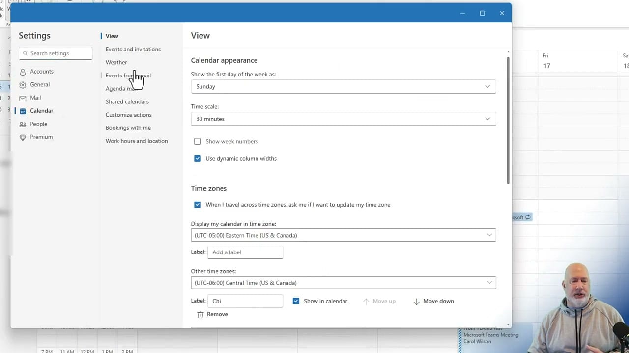 Outlook Calendar settings showing Work Hours and Location option in sidebar