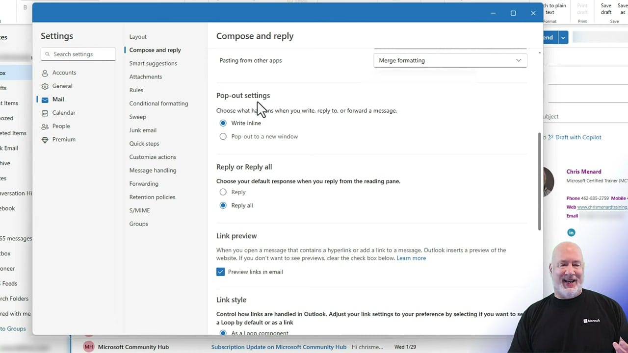 Outlook Settings showing Compose and Reply with Pop-out settings options