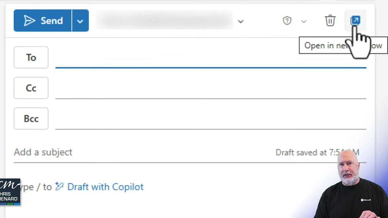 Outlook compose panel showing the Open in New Window button