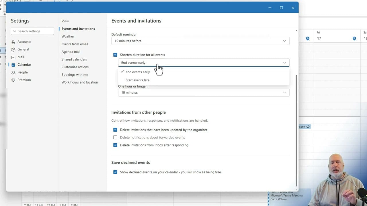 Outlook Events and Invitations settings with Shorten duration and End events early dropdown