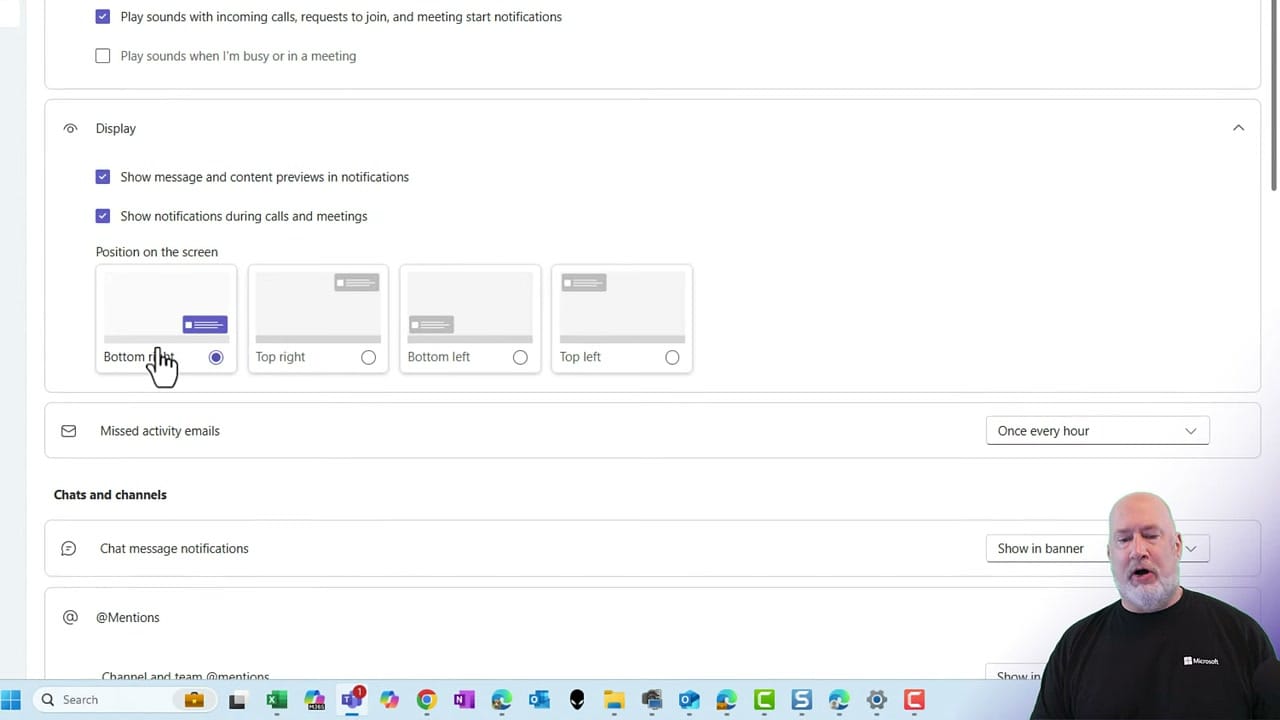 Teams Display settings showing four notification position options