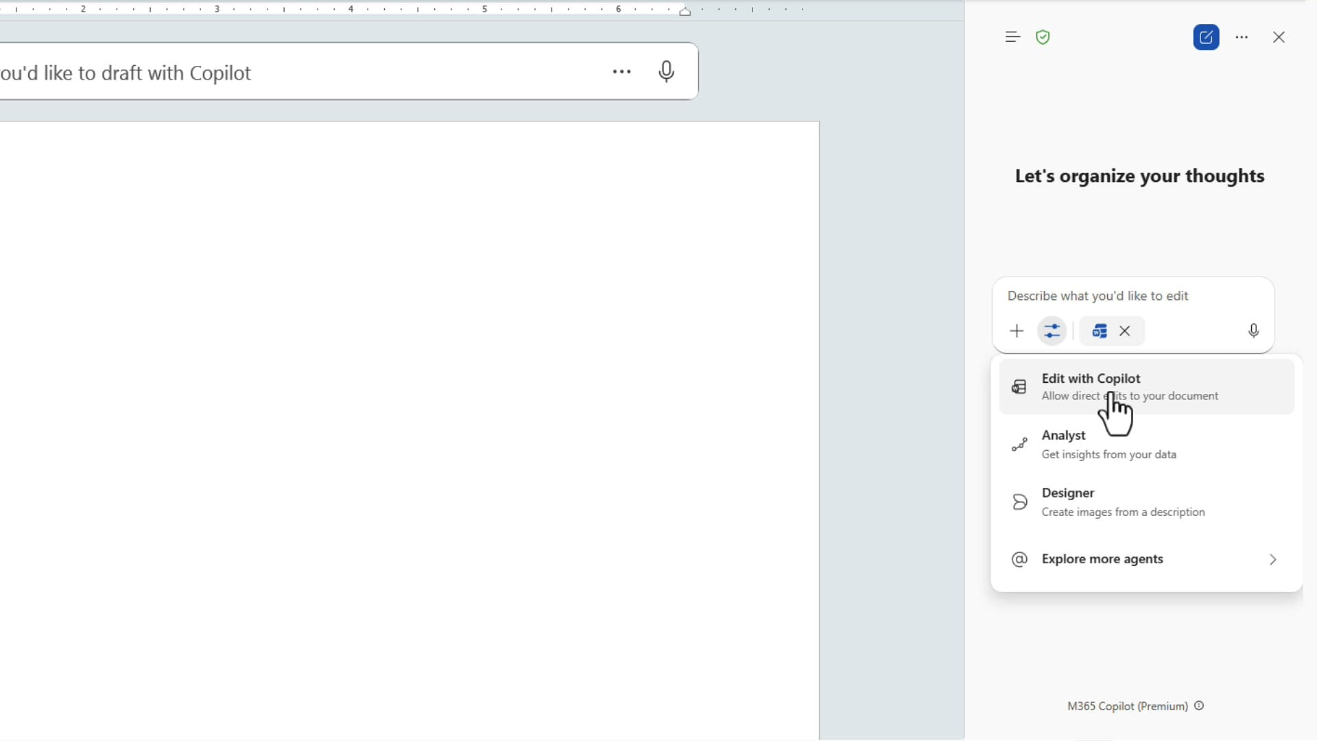 Edit with Copilot dropdown showing Edit with Copilot, Analyst, and Designer options