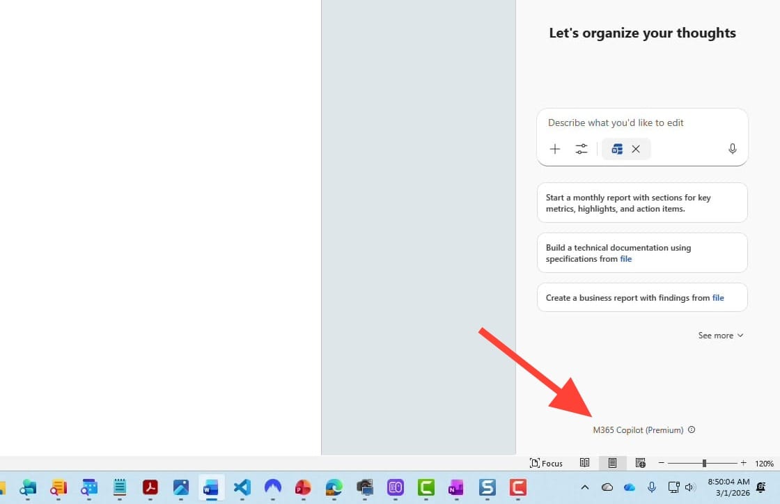 Microsoft Word with Copilot task pane open showing M365 Copilot Premium label at bottom-right