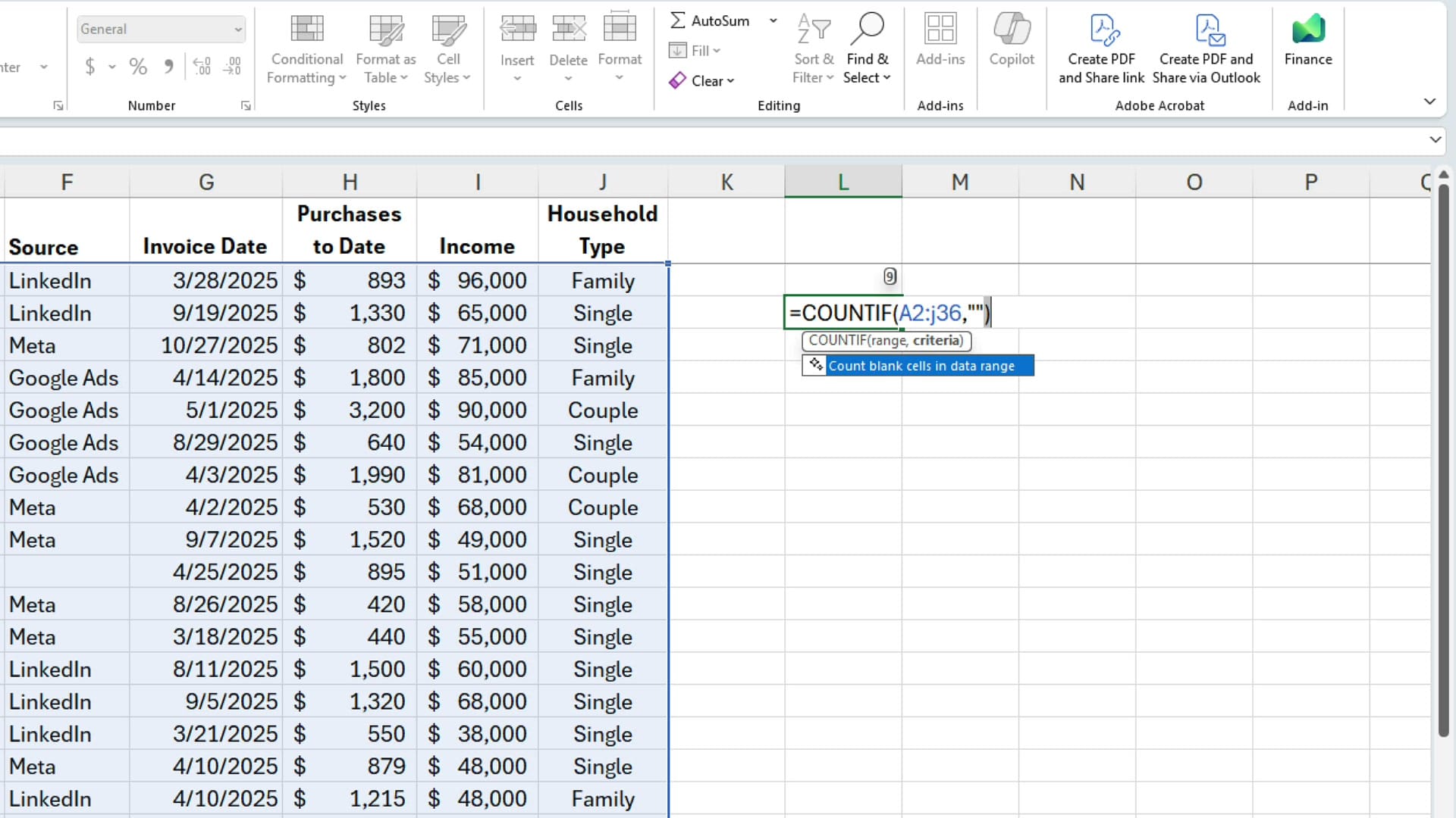 Excel COUNTIF formula counting blank cells in a customer data range