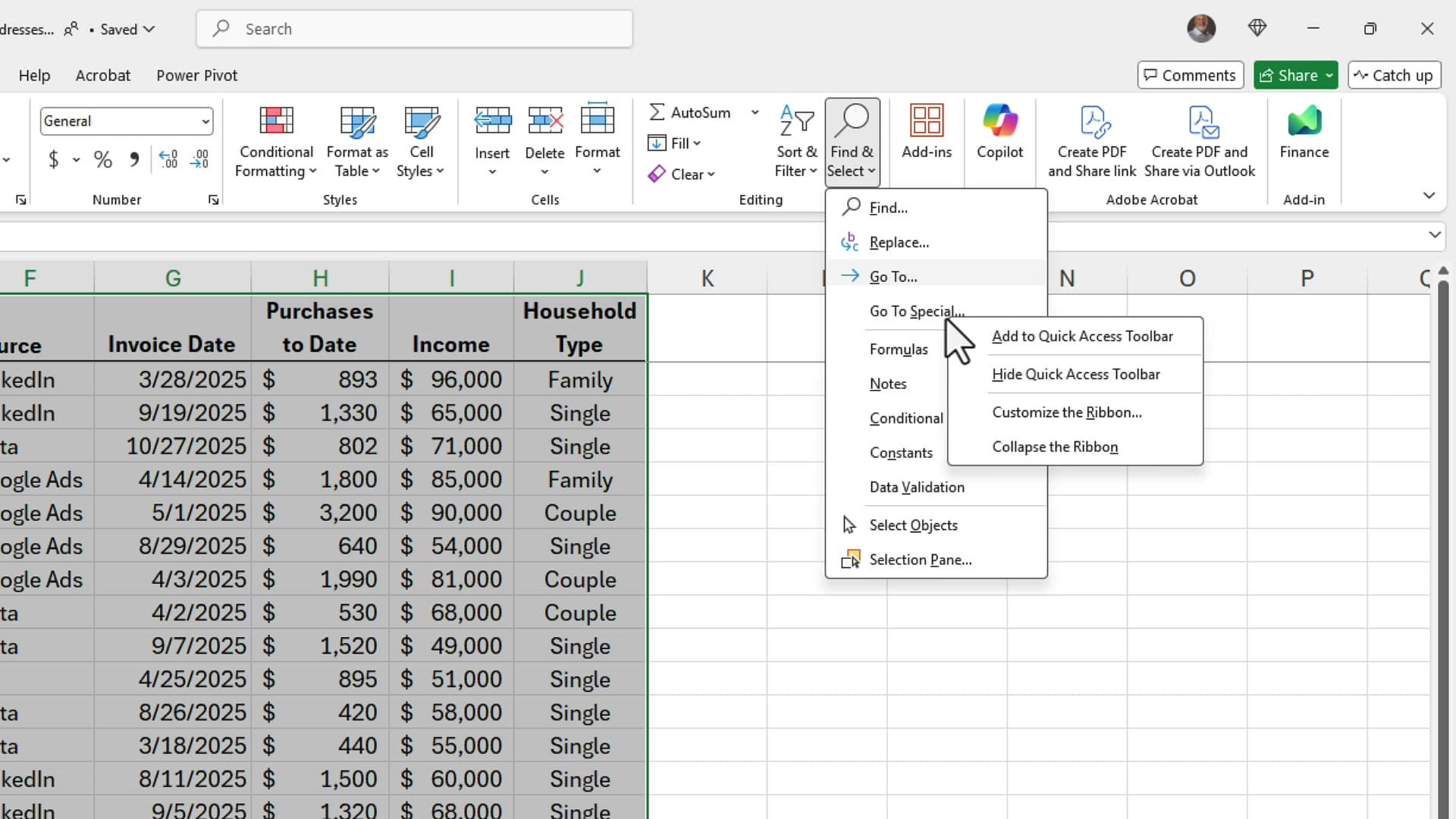 Find and Select dropdown showing Go To Special with right-click option to add it to the Quick Access Toolbar