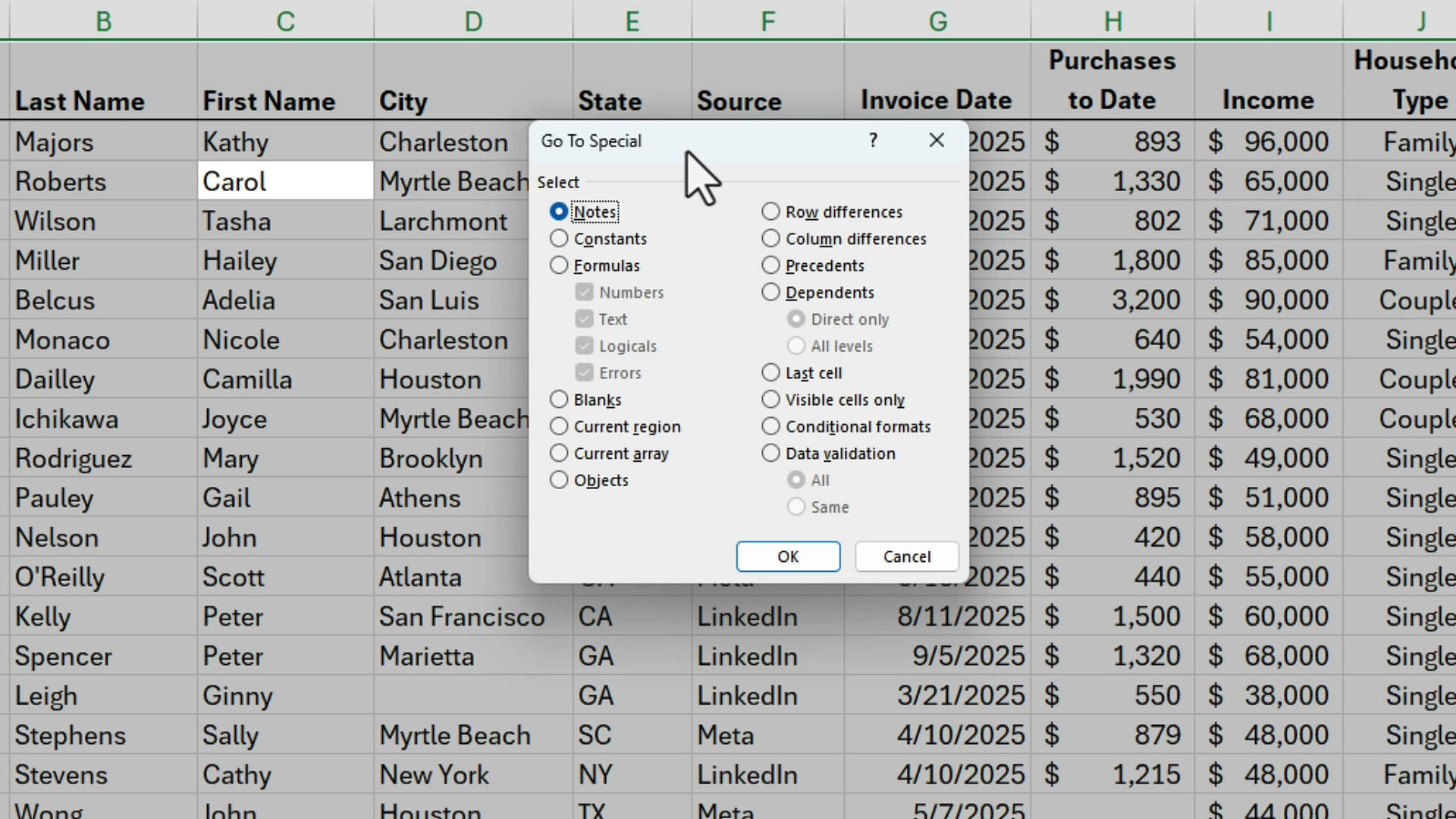 Excel Go To Special dialog box with the Blanks option selected